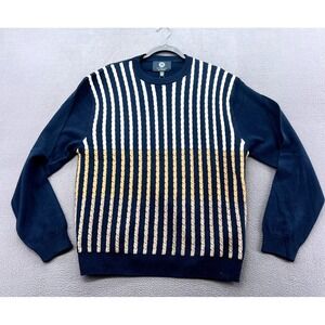 Viyella Sweater Mens L Navy Blue Cable Knit Striped Crewneck Made in Italy